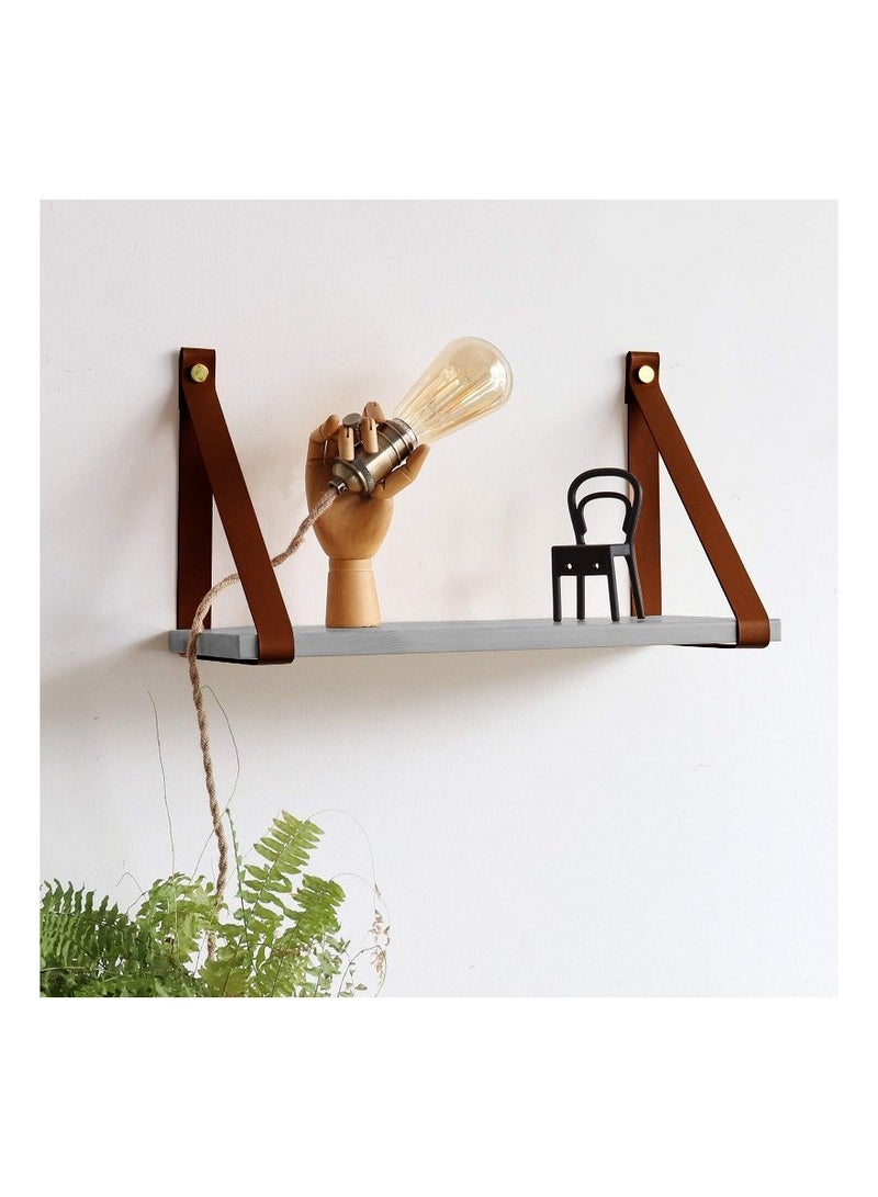 Home Gallery PU Brown Leather Strap Wall Floating Shelf  Gray  - Image 2
