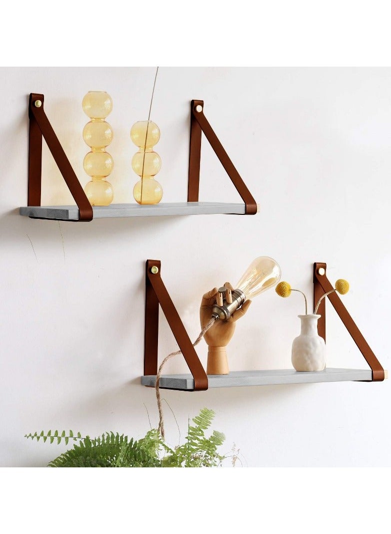 Home Gallery PU Brown Leather Strap Wall Floating Shelf  Gray  - Image 1
