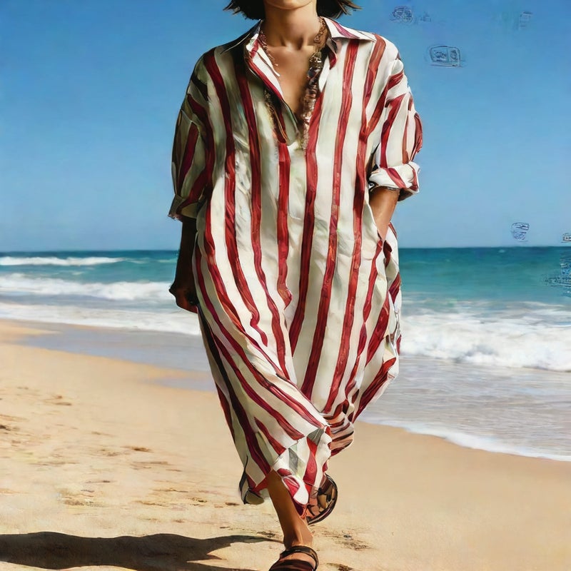 Women's V-Neck Loose Three-Quarter Sleeve Shirt Dress - Image 4
