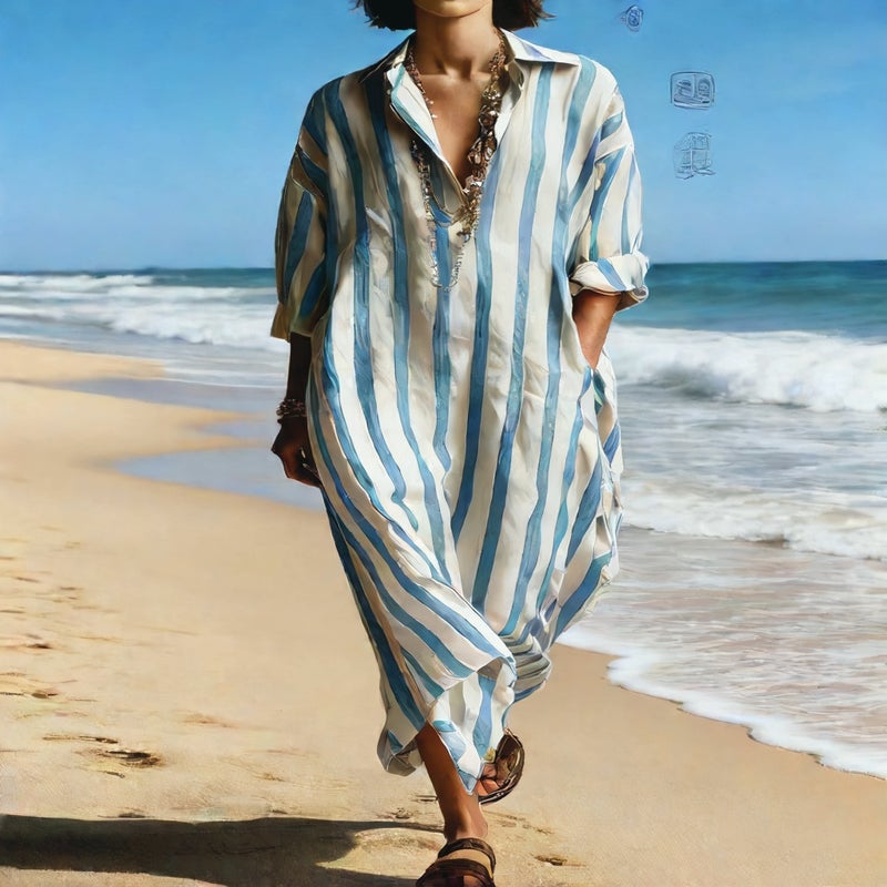 Women's V-Neck Loose Three-Quarter Sleeve Shirt Dress - Image 2