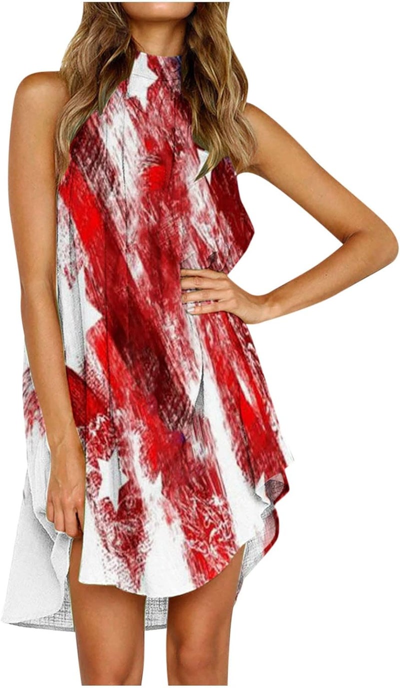 comfrt Women's Halter Neck Sleeveless Mini Dress July 4th American Flag Print Sun Dress Flowy Ruffle Hem Pleated Beach Dress - Image 1