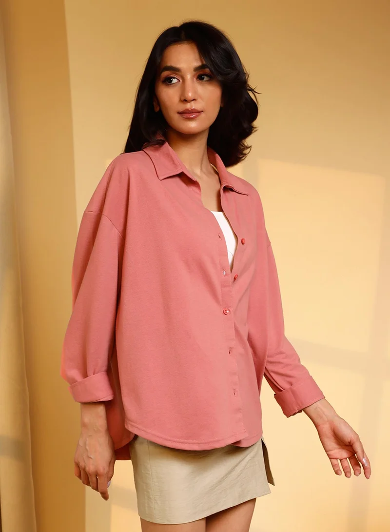 PINACOLADA Women's Salmon Pink Solid Boxy Shirt
