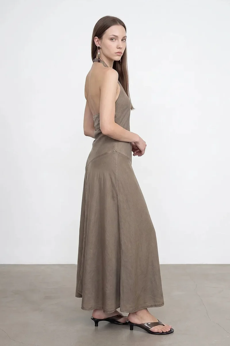 Dilvin Khaki Green DILVIN Tencel Halter Maxi Dress for Women | Best Price UAE