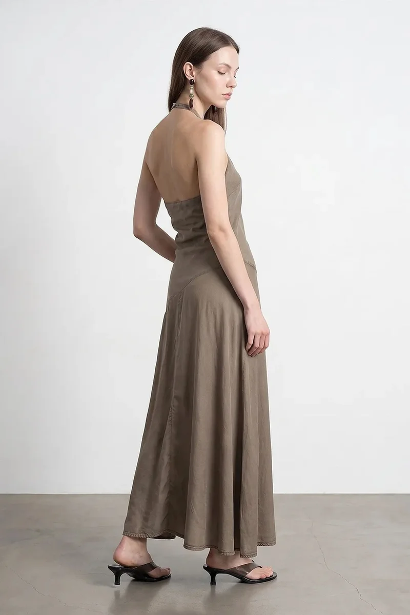 Dilvin Khaki Green DILVIN Tencel Halter Maxi Dress for Women | Best Price UAE