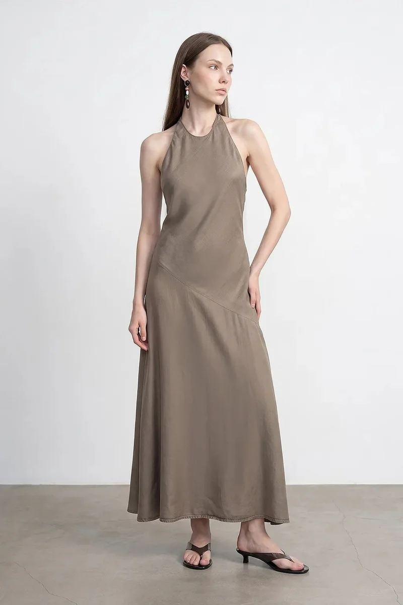 Dilvin Khaki Green DILVIN Tencel Halter Maxi Dress for Women | Best Price UAE