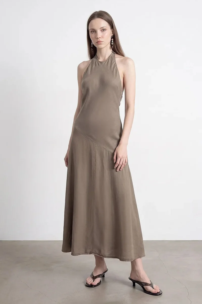 Dilvin Khaki Green DILVIN Tencel Halter Maxi Dress for Women | Best Price UAE