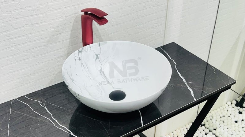 Nexa Bathware Round shape Luxury Table Top Sanitary Ware Ceramic Countertop Vessel Sink Wash Basin Over Counter For Bathroom And Livingroom Decor MATT MARBLE 16X16X6 inch341 - Image 1