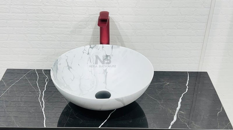 Nexa Bathware Round shape Luxury Table Top Sanitary Ware Ceramic Countertop Vessel Sink Wash Basin Over Counter For Bathroom And Livingroom Decor MATT MARBLE 16X16X6 inch341 - Image 4