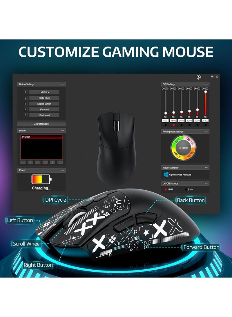 Attack Shark ATTACK SHARK R1 Wireless Gaming Mouse – Tri-Mode (2.4G/BT5.2/Wired), 55g Ultra-Light – 18K DPI PAW3311 Sensor – HUYU 20M Clicks – Ergonomic – Black + Grip Tape  - Image 4