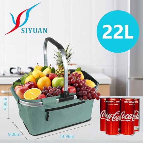 SIYUAN Picnic Basket SIYUAN Shopping Basket with Handle 22L Collapsible Grocery Basket Portable Folding Basket for Marketing Picnic Reuasble Laundry Basket for Travel Green - Image 3