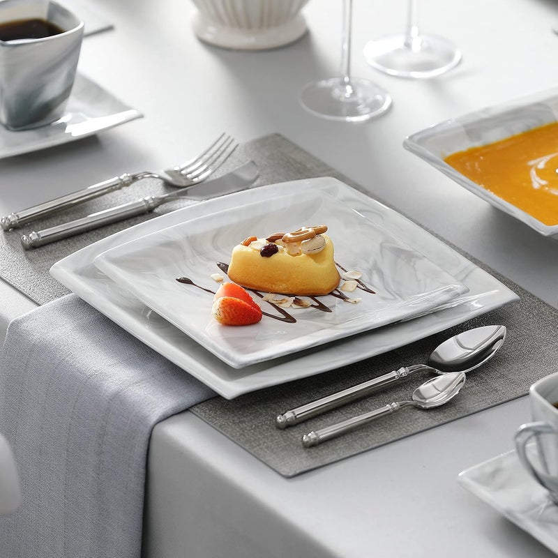 MALACASA Dinnerware Sets 30 Piece Porcelain Plates and Bowls Sets for 6 Square Dish Set with Dinner Plates Set Cup and Saucer Modern Dishware Dishes Microwave Safe Marble Grey Series Blance - Image 5