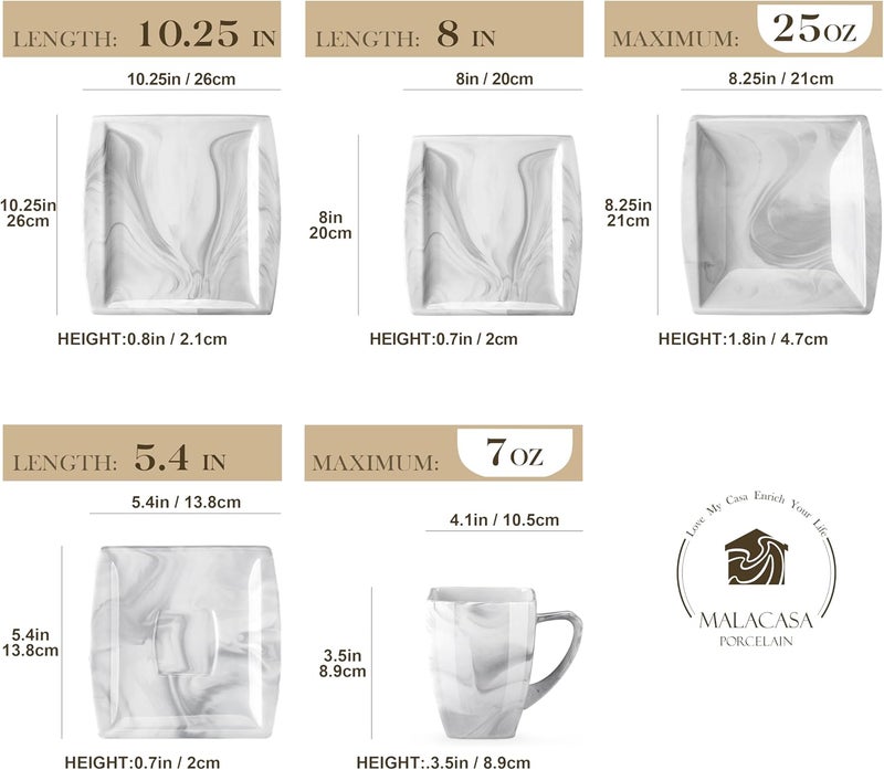 MALACASA Dinnerware Sets 30 Piece Porcelain Plates and Bowls Sets for 6 Square Dish Set with Dinner Plates Set Cup and Saucer Modern Dishware Dishes Microwave Safe Marble Grey Series Blance - Image 2