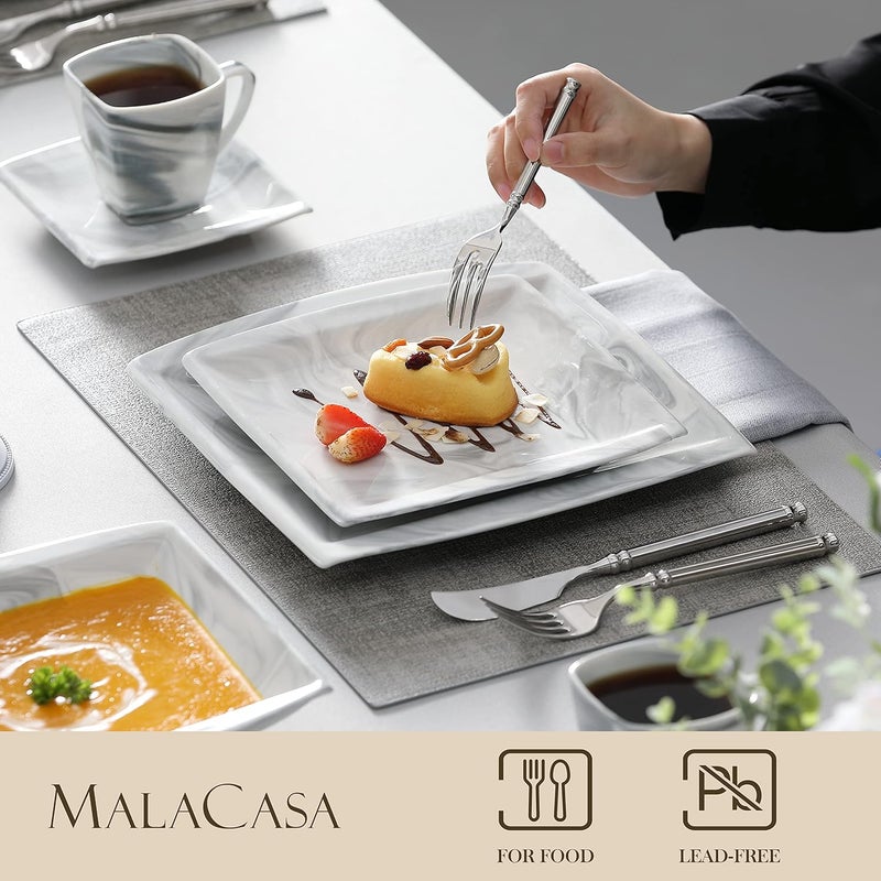 MALACASA Dinnerware Sets 30 Piece Porcelain Plates and Bowls Sets for 6 Square Dish Set with Dinner Plates Set Cup and Saucer Modern Dishware Dishes Microwave Safe Marble Grey Series Blance - Image 3