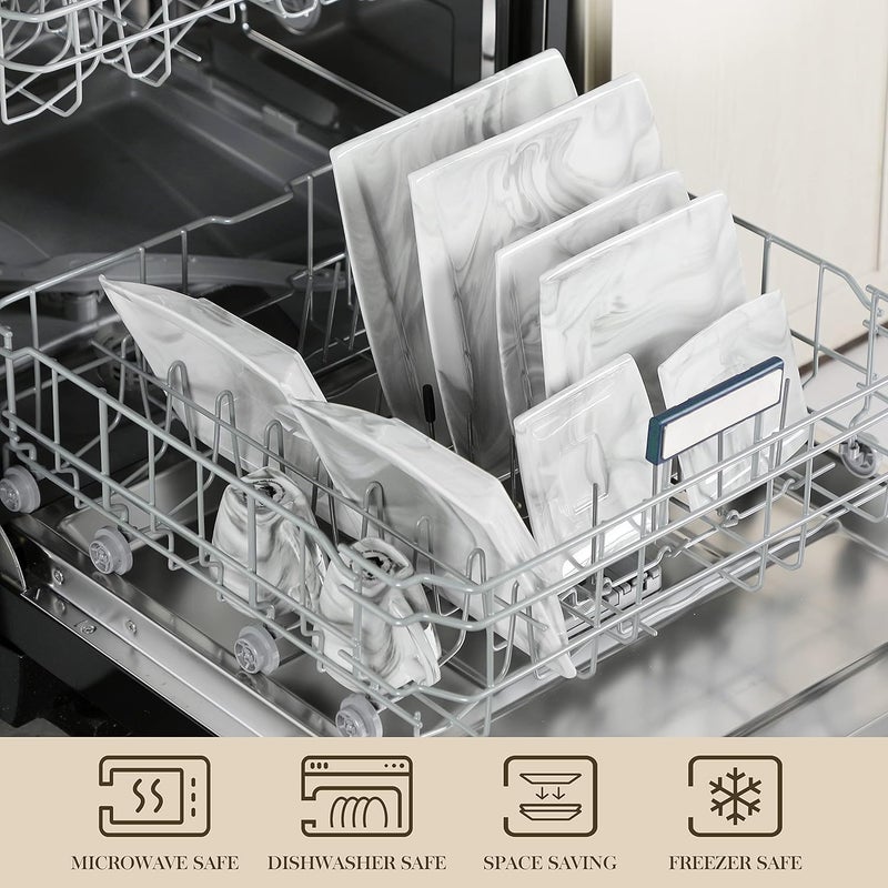 MALACASA Dinnerware Sets 30 Piece Porcelain Plates and Bowls Sets for 6 Square Dish Set with Dinner Plates Set Cup and Saucer Modern Dishware Dishes Microwave Safe Marble Grey Series Blance - Image 4