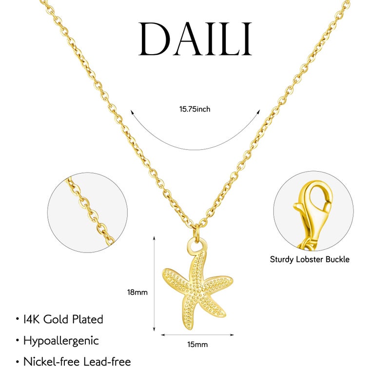 DAILI Starfish Necklace for Women,14k Gold Plated Charm Necklace,Non Tarnish Adjustable Stainless Steel Chain Choker Jewelry for Summer Beach Vacation - Image 2