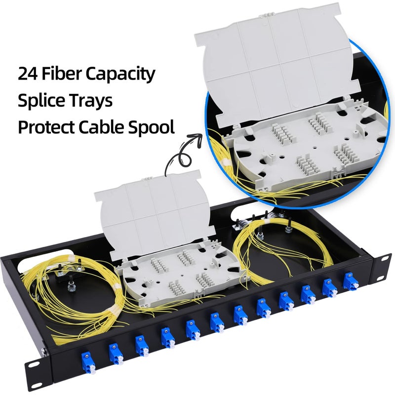 GESD 12 Duplex 24 Port LC-OS1 Rack Mount Enclosure Box + Splice Trays Fiber Cables Spool SingleMode LC-UPC Kit (Include 1M 24Strand Pigtail+24 Core LGX Loaded Patch Panel - Fits 19" Racks Cabinet - Image 4