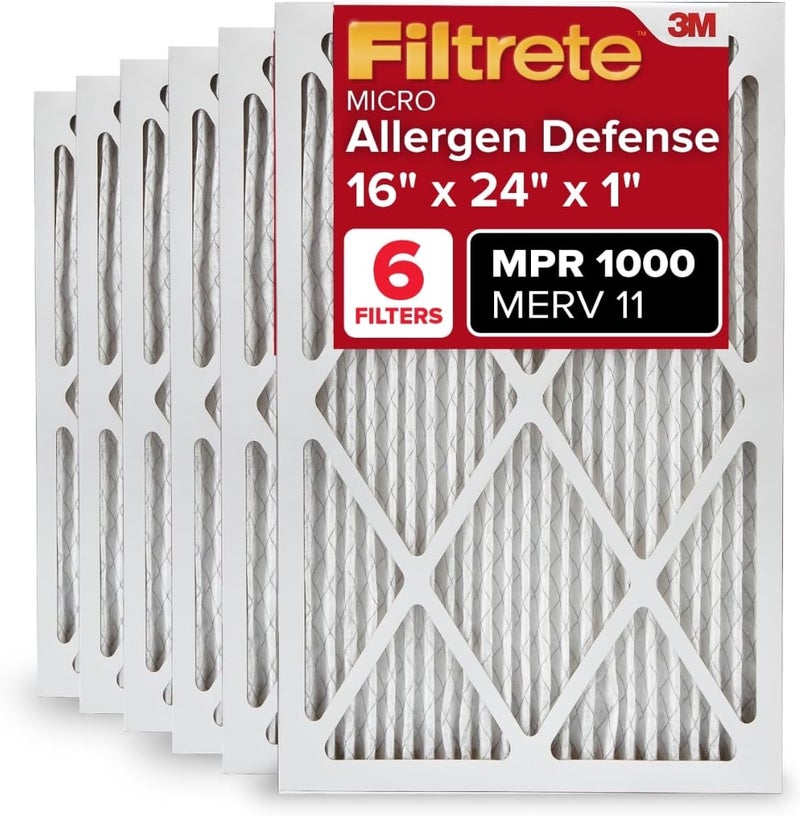 FILTRETE 16x24x1 AC Furnace Air Filter, MERV 11, MPR 1000, Micro Allergen Defense, 3-Month Pleated 1-Inch Electrostatic Air Cleaning Filter, 6 Pack (Actual Size 6-Pack 15.81x23.81x0.81 in) - Image 1