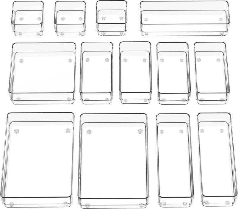 SMARTAKE 13-Piece Drawer Organizer with Non-Slip Silicone Pads, 5-Size Desk Drawer Organizer Trays Storage Tray for Makeup, Jewelries, Utensils in Bedroom Dresser, Office and Kitchen (Clear) - Image 1