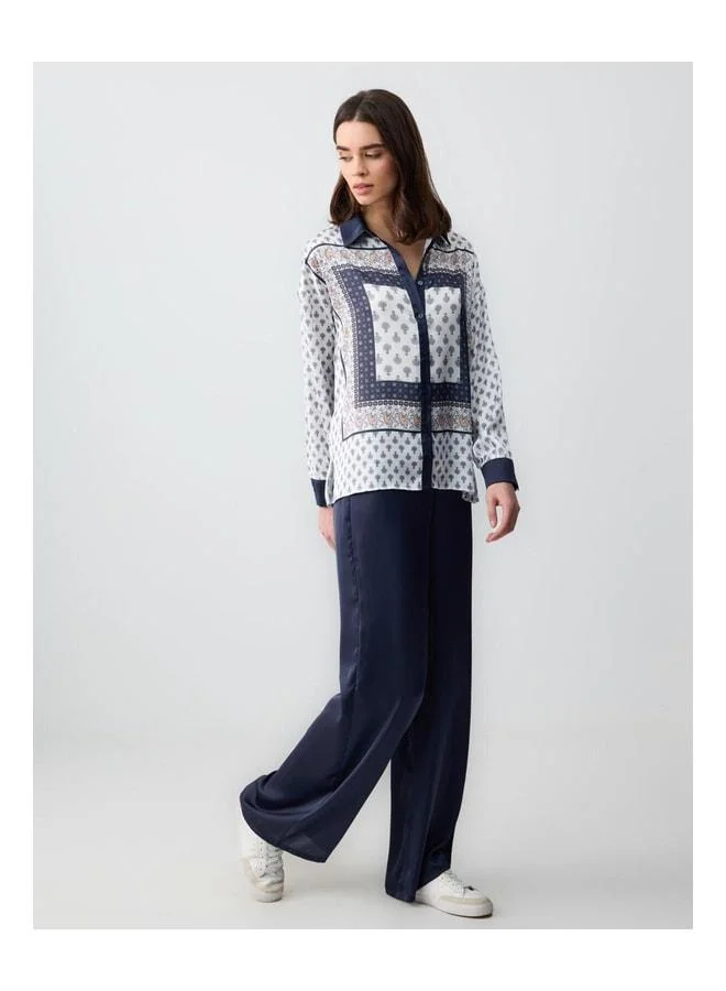 Jimmy Key Navy Blue Comfortable High‑Waist Wide‑Leg Satin Pants.