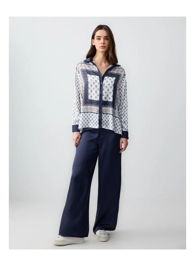 Jimmy Key Navy Blue Comfortable High‑Waist Wide‑Leg Satin Pants.