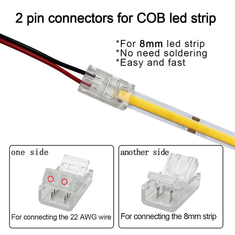 HAMRVL 12 Pack 8mm Cob Led Strip Light Connectors 2 Pin, Led Strip to Wire Solderless Transparent Track Lighting Adapter Connection with 6M/19.68ft Led Wire Extension Cable for White Led Tape 12/24V - Image 3