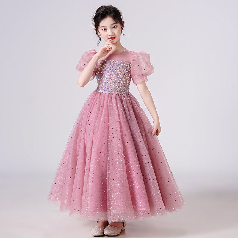 Childrens Dress Girls dress Princess Dress Sequin Bubble Sleeve Long Dress Mesh Dress Flower Girls Wedding Girls Summer bean paste 