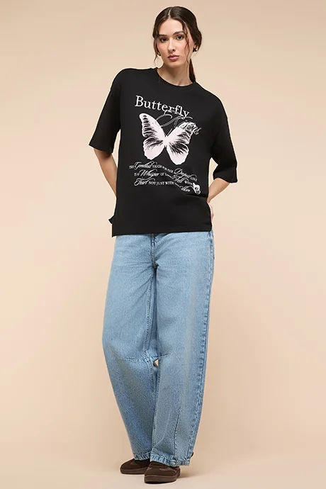 أر أند بي Printed T-Shirt with Crew Neck and Short Sleeves