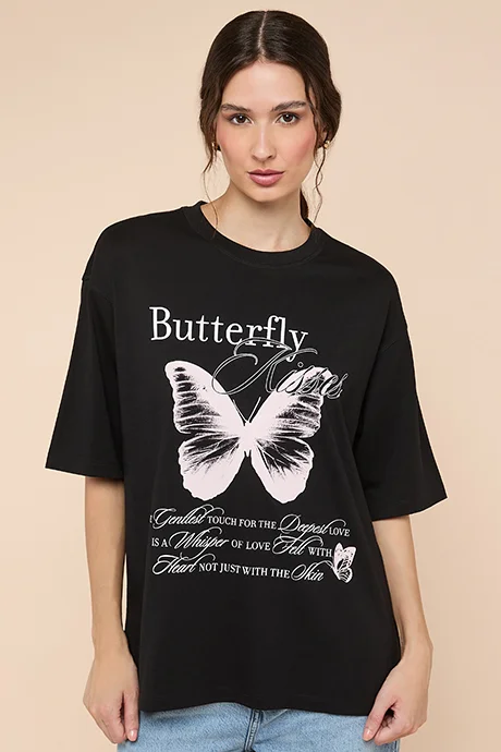 أر أند بي Printed T-Shirt with Crew Neck and Short Sleeves
