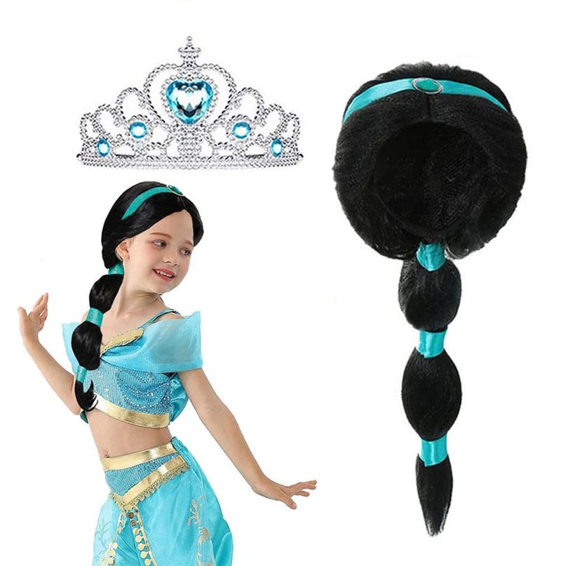 Yosbabe Arabian Princess Wig for Girls Black Braid with Tiara Princess Dress Up Costume Cosplay Halloween Accessories for Kids - Image 1