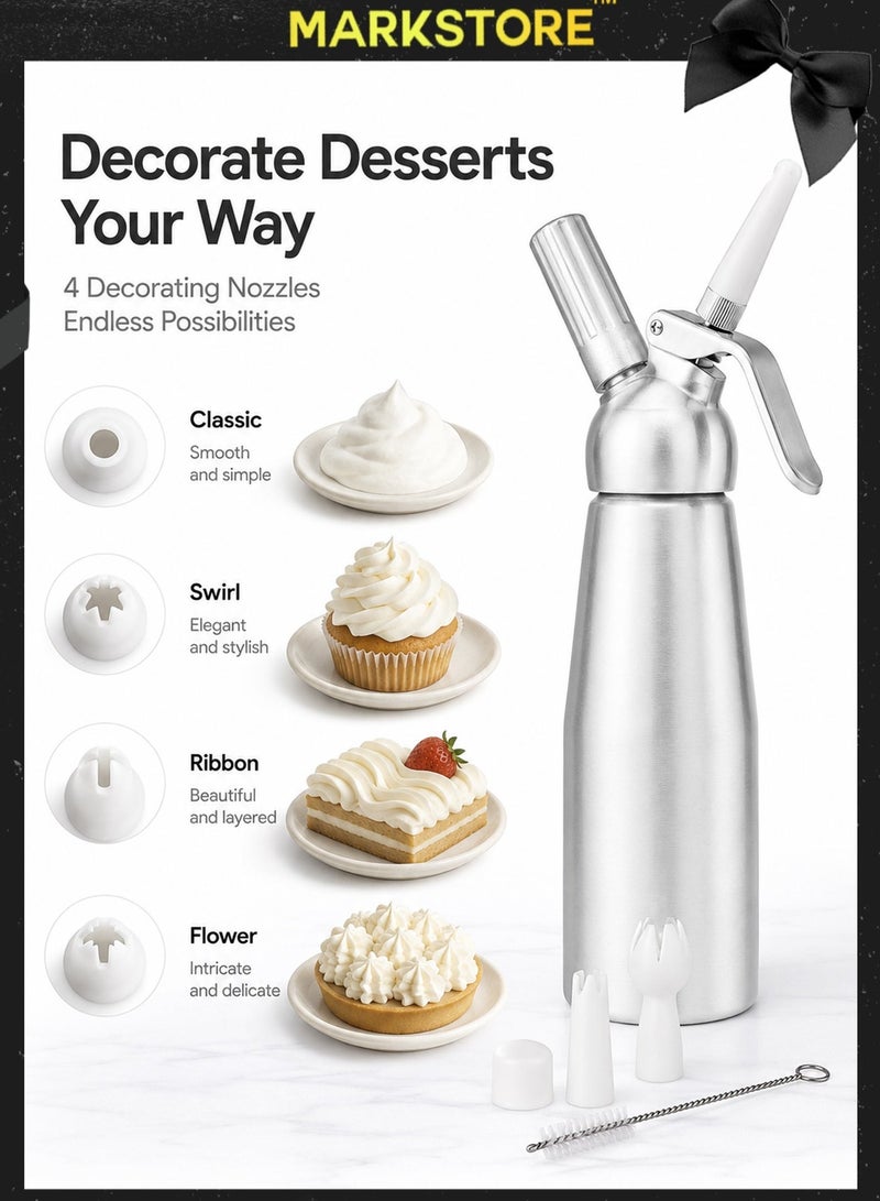 MARK STORE Whipped Cream Dispenser, Aluminium Cream Whipper with 3 Decorating Nozzles 500ML Cream Charger Dispenser for Cake Cheese Dessert - Image 5
