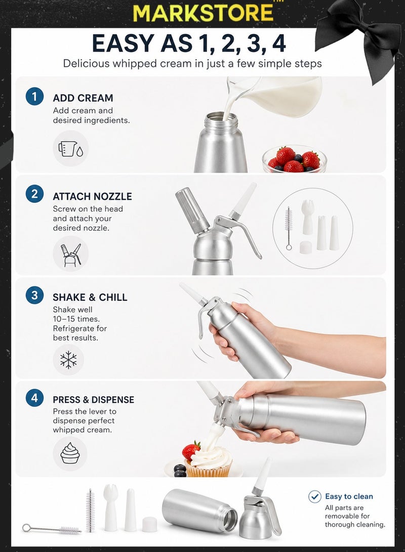 MARK STORE Whipped Cream Dispenser, Aluminium Cream Whipper with 3 Decorating Nozzles 500ML Cream Charger Dispenser for Cake Cheese Dessert - Image 4