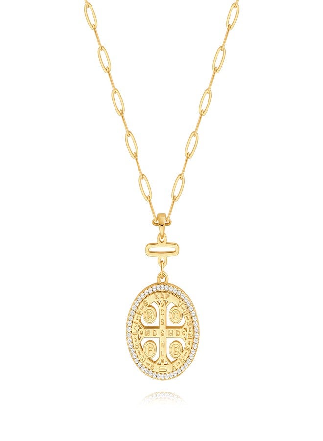 POTESSA 18K Gold Plated Necklace St Benedict Medal Neck Chain Dainty Zircon Necklace for Women - Image 1