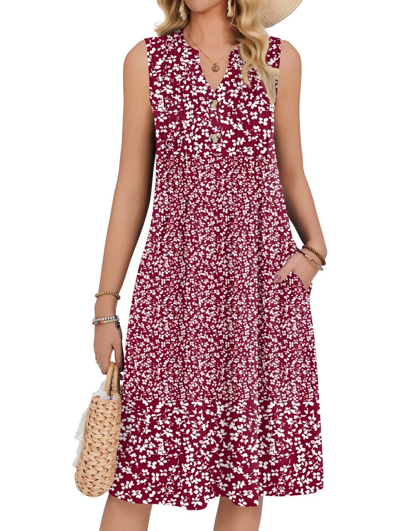 Zeagoo Womens Summer Midi Dress 2026 V Neck Floral Flowy A-line Sleeveless Sundresses for Women Tank Dress with Pockets - Image 1