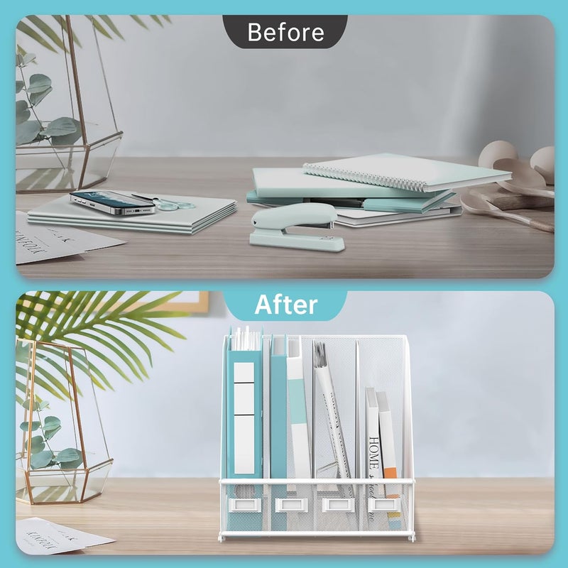 SUPEASY Magazine File Holder, Binder Holder Metal Desk Organizer with 4 Rack Compartments, File Organizer for Office Home School, White Plus - Image 5