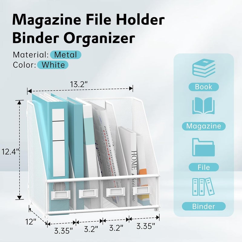 SUPEASY Magazine File Holder, Binder Holder Metal Desk Organizer with 4 Rack Compartments, File Organizer for Office Home School, White Plus - Image 3