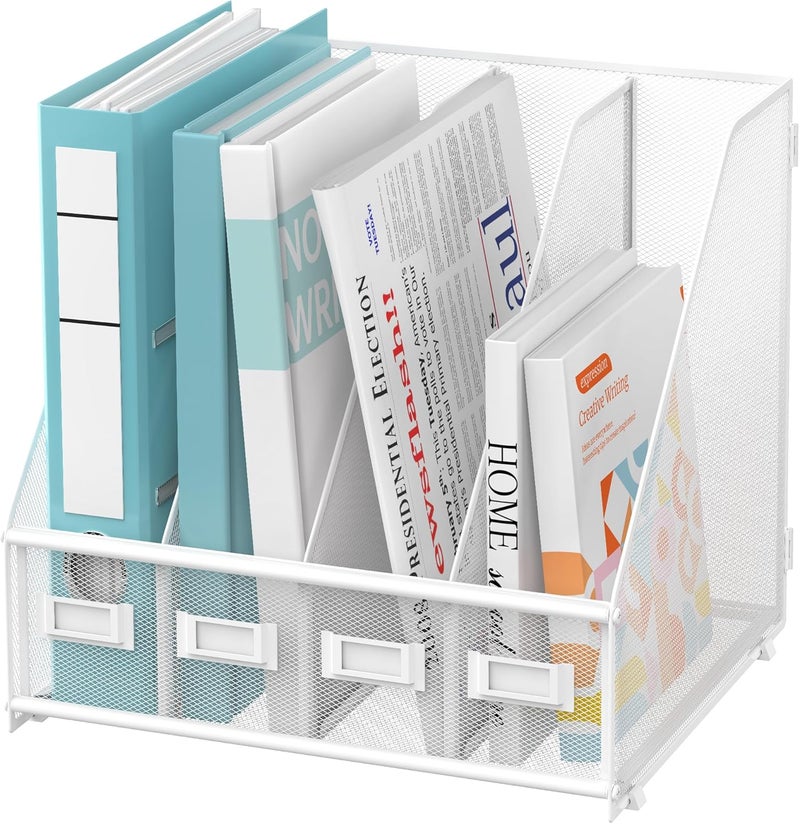SUPEASY Magazine File Holder, Binder Holder Metal Desk Organizer with 4 Rack Compartments, File Organizer for Office Home School, White Plus - Image 1