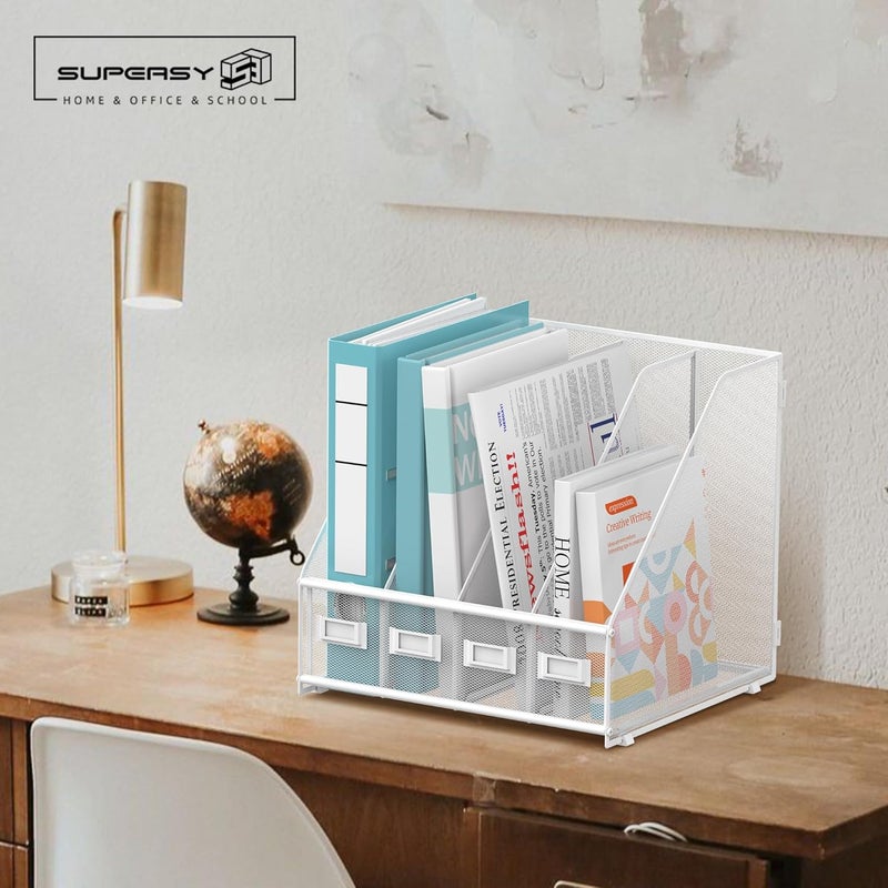 SUPEASY Magazine File Holder, Binder Holder Metal Desk Organizer with 4 Rack Compartments, File Organizer for Office Home School, White Plus - Image 2
