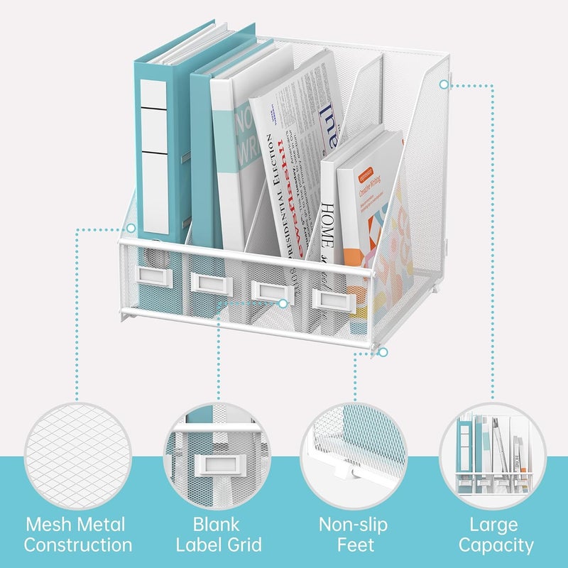 SUPEASY Magazine File Holder, Binder Holder Metal Desk Organizer with 4 Rack Compartments, File Organizer for Office Home School, White Plus - Image 4