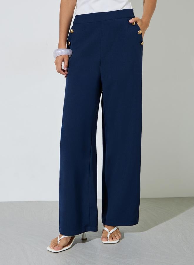 Styli Dark Blue Solid button Details Wide Leg Trousers - Image 1