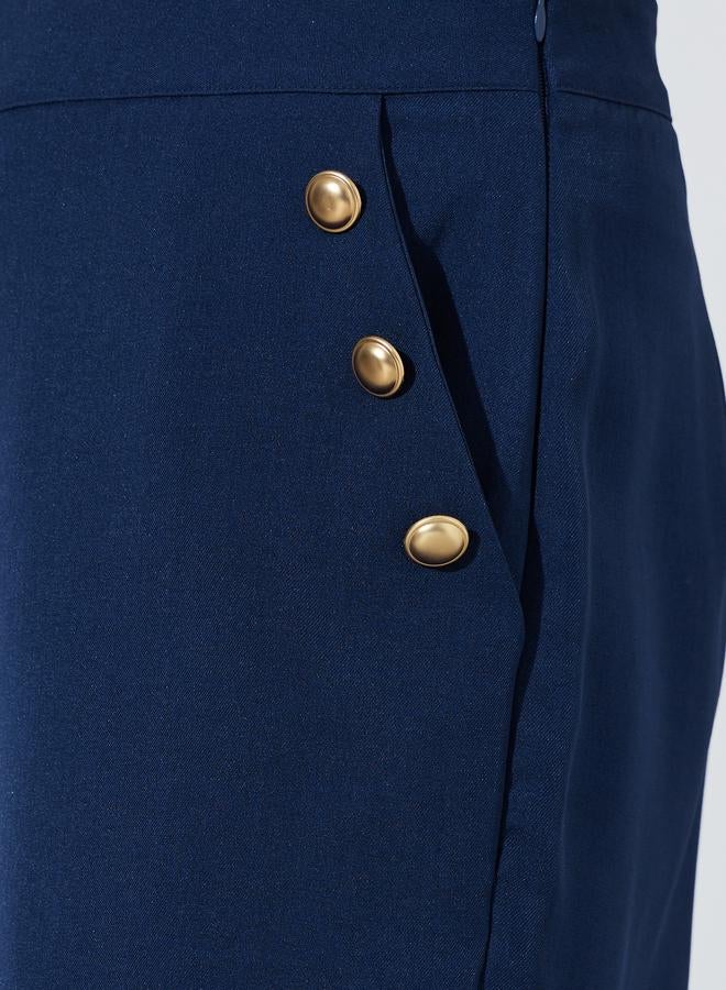 Styli Dark Blue Solid button Details Wide Leg Trousers - Image 3