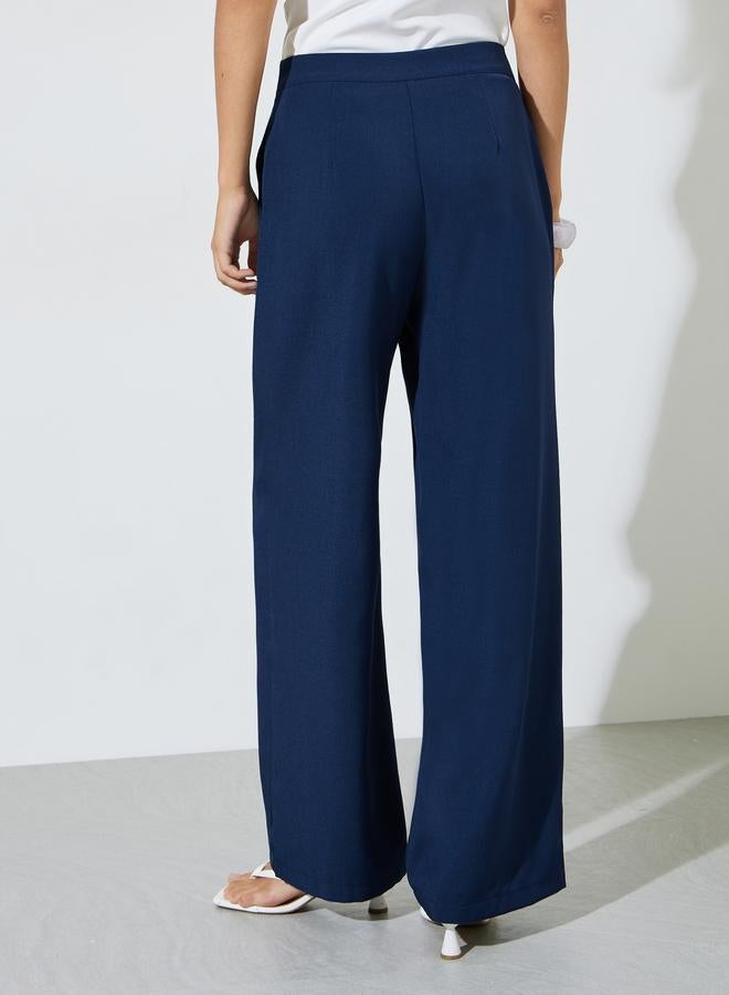 Styli Dark Blue Solid button Details Wide Leg Trousers - Image 4