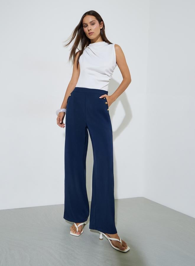 Styli Dark Blue Solid button Details Wide Leg Trousers - Image 2
