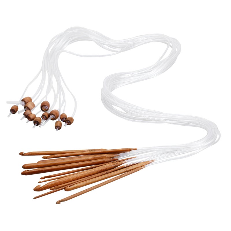 dophee 12PCS Tunisian Crochet Hook Set 310mm Afghan Tunisian Carbonized Bamboo Knitting Needle with 12m48in Tube Cable for Knitting Yarn Weave Craft and Handcrafted Crocheting Projects
