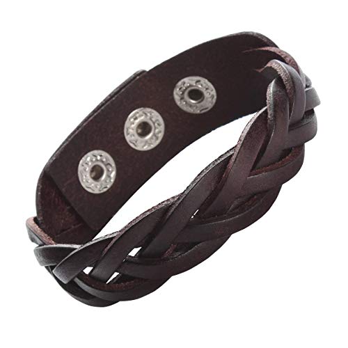 CCBFY Genuine Leather Bracelet Braided Sporty Wide Wristband Punk Jewelry for Men Women Brown - Image 1