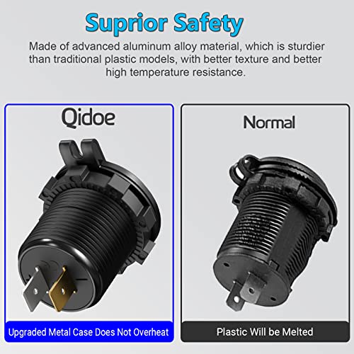 Qidoe [Metal Shell] 12V USB Outlet Dual QC 3.0: Qidoe Aluminum Socket 12 Volt Motorcycle USB Outlet with LED Voltmeter Button Switch Waterproof 12 V Car Charger for Boat Marine Moto RV Golf Cart - Image 5