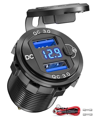 Qidoe [Metal Shell] 12V USB Outlet Dual QC 3.0: Qidoe Aluminum Socket 12 Volt Motorcycle USB Outlet with LED Voltmeter Button Switch Waterproof 12 V Car Charger for Boat Marine Moto RV Golf Cart - Image 1