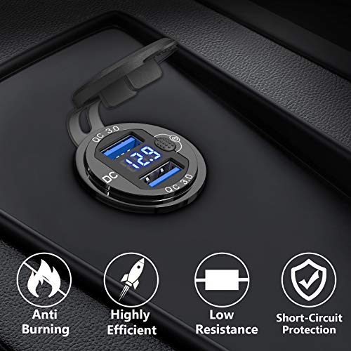 Qidoe [Metal Shell] 12V USB Outlet Dual QC 3.0: Qidoe Aluminum Socket 12 Volt Motorcycle USB Outlet with LED Voltmeter Button Switch Waterproof 12 V Car Charger for Boat Marine Moto RV Golf Cart - Image 2