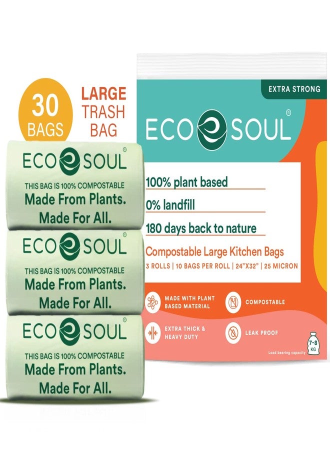 ECO SOUL [24 inch x 32 inch, 30 Pack] Large Compostable Trash Bags | Eco-friendly Non OXO-Biodegradable Bags for Garbage Bins | Heavy Duty & Leak-Resistant | Home, Office & Kitchen Use (71 x 81 cm) - Image 1