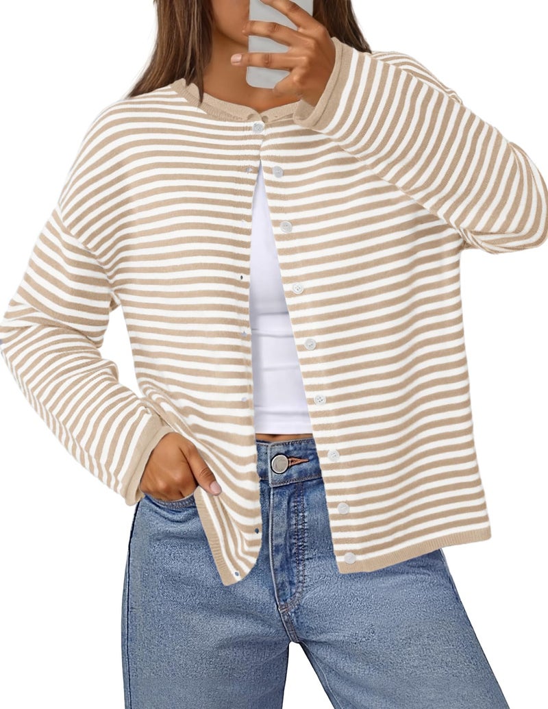 MEROKEETY Womens Striped Cardigan Sweaters 2026 Button Lightweight Long Sleeve Loose Knit Fall Sweater Clothes, Beige, Small - Image 1