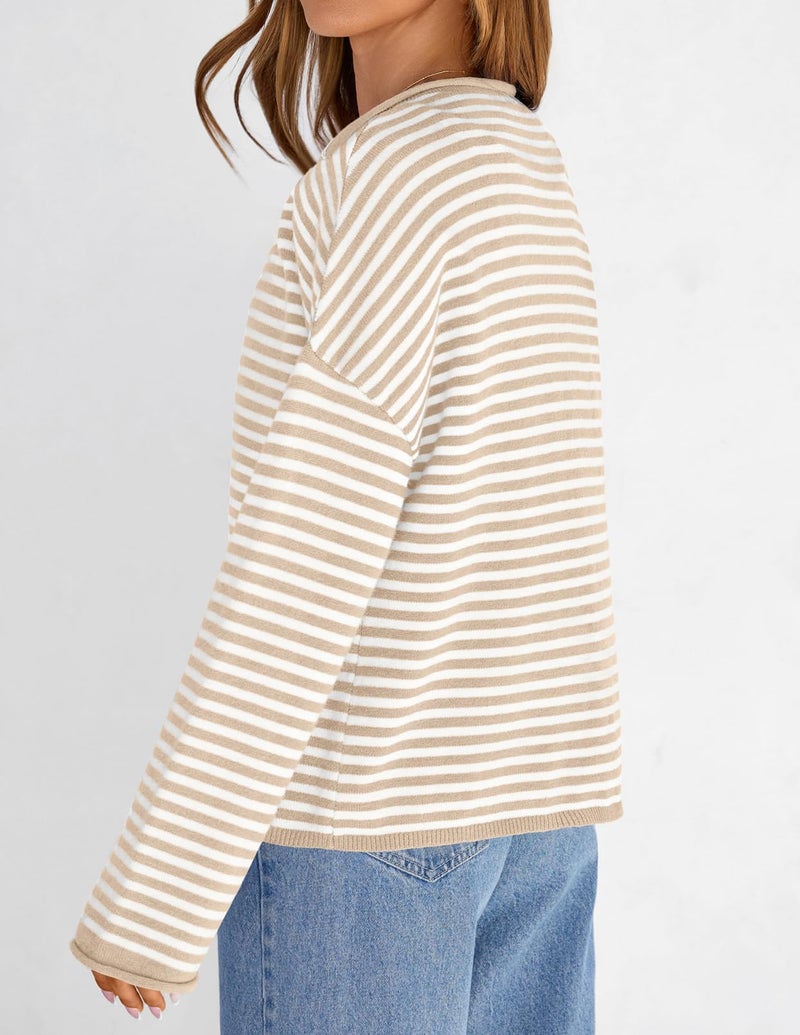 MEROKEETY Womens Striped Cardigan Sweaters 2026 Button Lightweight Long Sleeve Loose Knit Fall Sweater Clothes, Beige, Small - Image 3